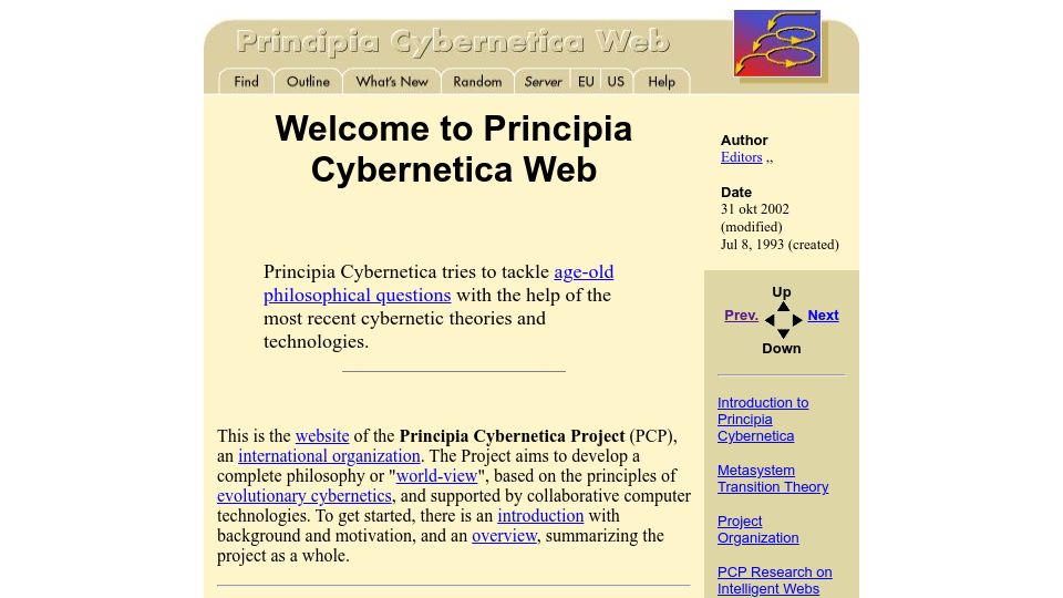 Screenshot of pespmc1.vub.ac.be: Welcome to Principia Cybernetica Web (2002)