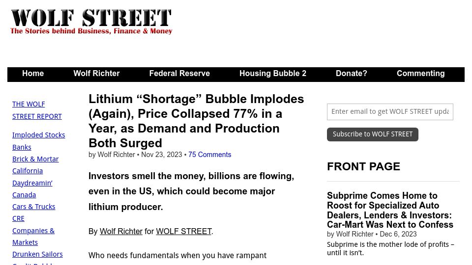 Screenshot of wolfstreet.com: Lithium “shortage” bubble implodes again