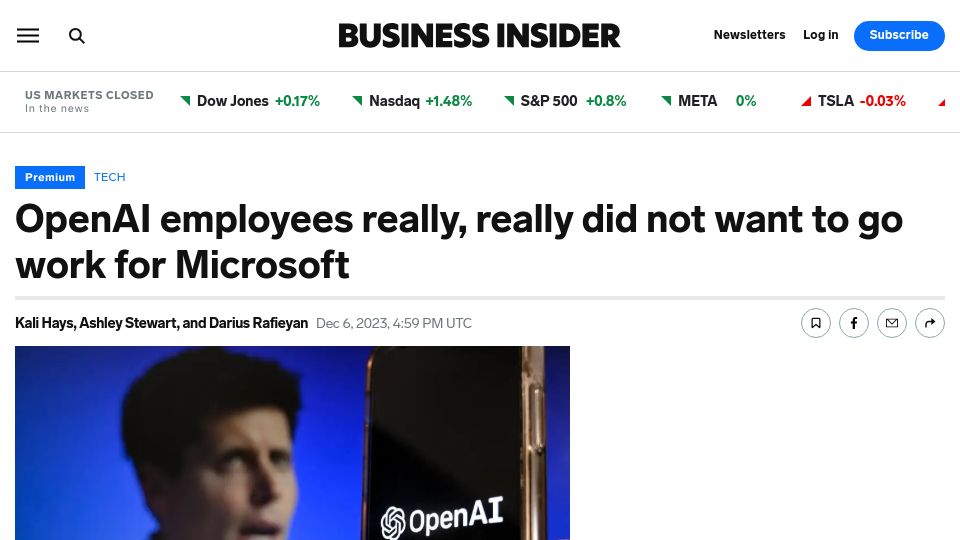 Screenshot of businessinsider.com: OpenAI employees did not want to go work for Microsoft