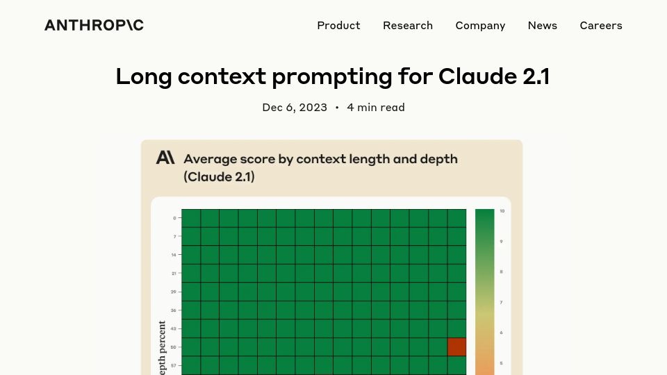 Screenshot of anthropic.com: Long context prompting for Claude 2.1