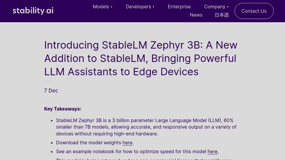 Screenshot of stability.ai: StableLM Zephyr 3B