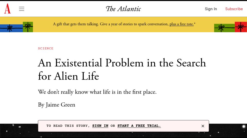 Screenshot of theatlantic.com: An Existential Problem in the Search for Alien Life
