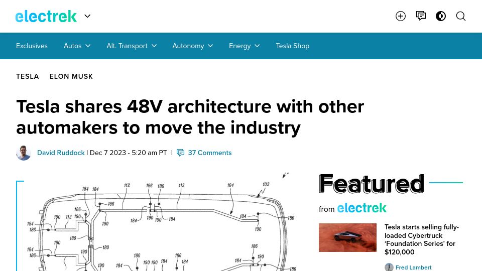 Screenshot of electrek.co: Tesla shares 48V architecture with other automakers