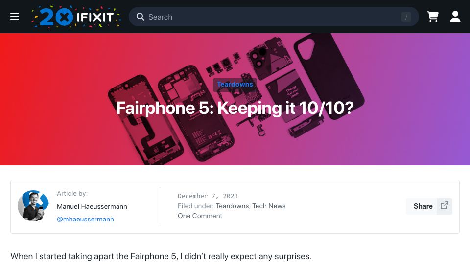 Screenshot of ifixit.com: Fairphone 5: Keeping it 10/10?