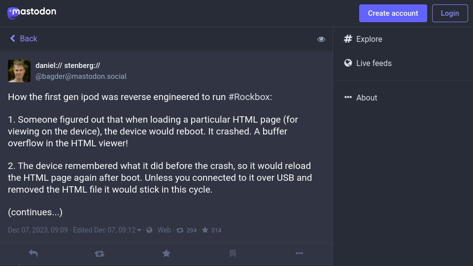 Screenshot of mastodon.social: How the first gen iPod was reverse engineered to run Rockbox