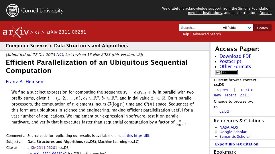 Screenshot of arxiv.org: Efficient parallelization of an ubiquitous sequential computation