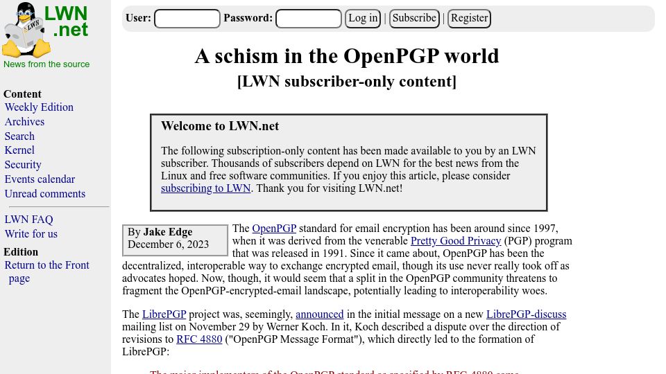 Screenshot of lwn.net: A Schism in the OpenPGP World