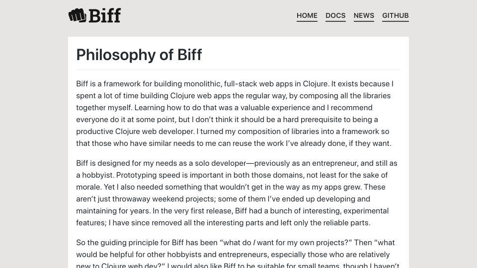 Screenshot of biffweb.com: Philosophy of Biff