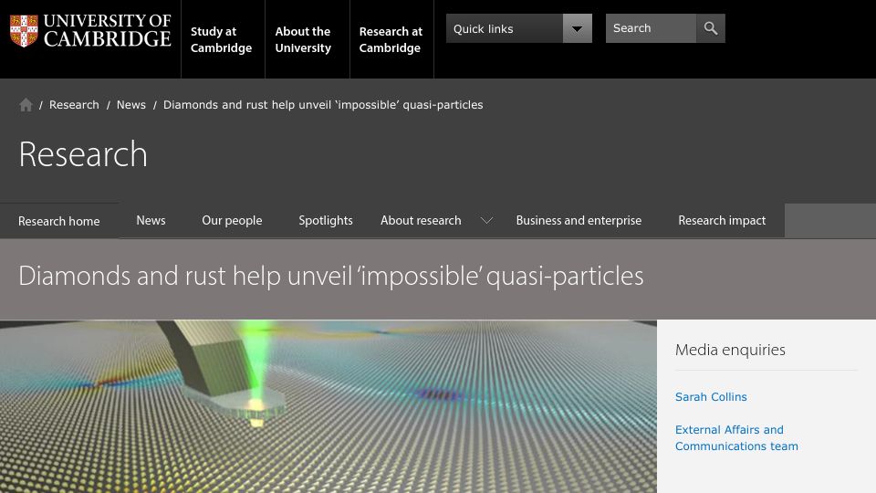 Screenshot of cam.ac.uk: Researchers have discovered magnetic monopole quasi-particles