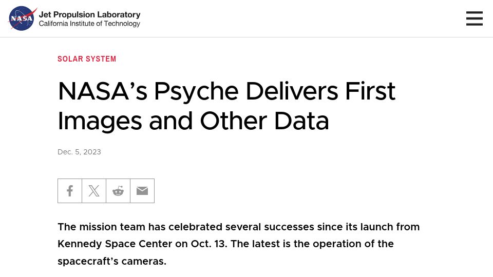 Screenshot of jpl.nasa.gov: NASA's Psyche Delivers First Images and Other Data