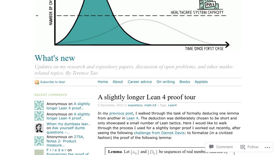 Screenshot of terrytao.wordpress.com: A slightly longer Lean 4 proof tour