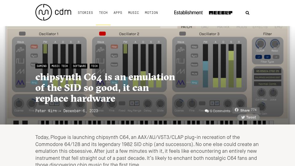 Screenshot of cdm.link: Chipsynth C64 is an emulation of the SID so good, it can replace hardware