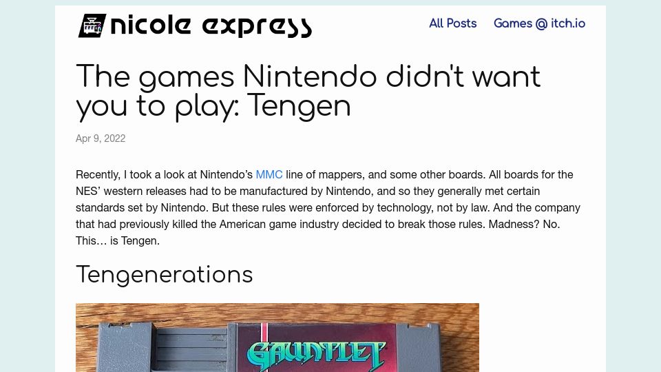 Screenshot of nicole.express: Games Nintendo didn't want you to play: Tengen (2022)