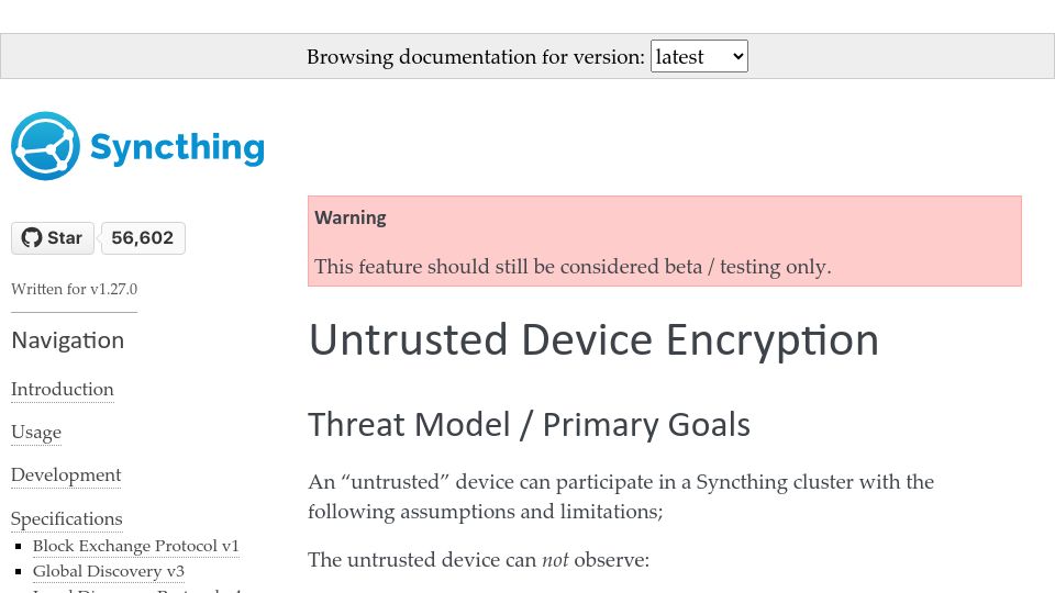 Screenshot of docs.syncthing.net: Untrusted Device Encryption
