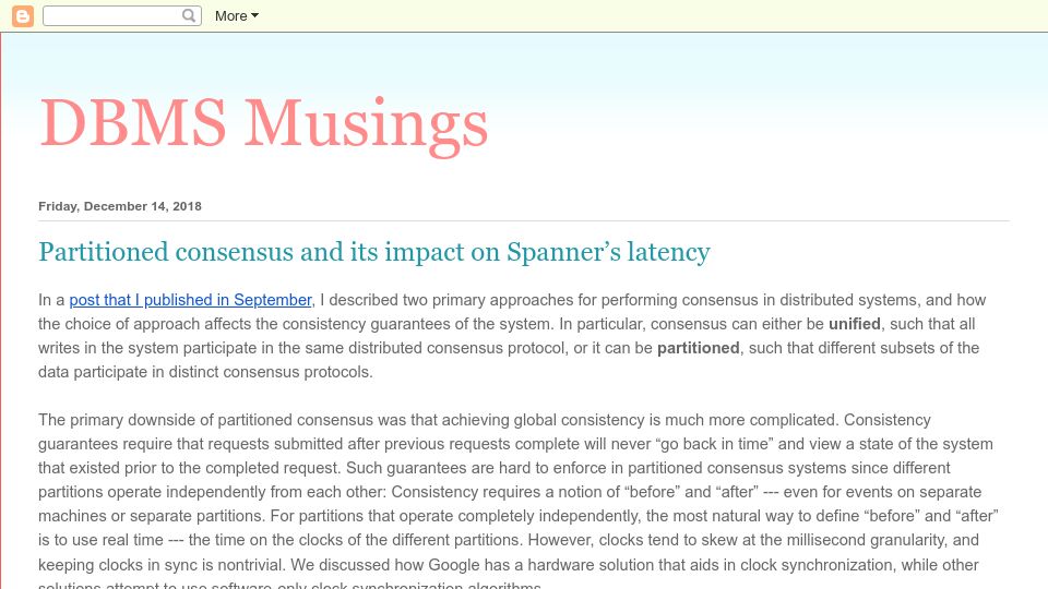 Screenshot of dbmsmusings.blogspot.com: Partitioned consensus and its impact on Spanner's latency