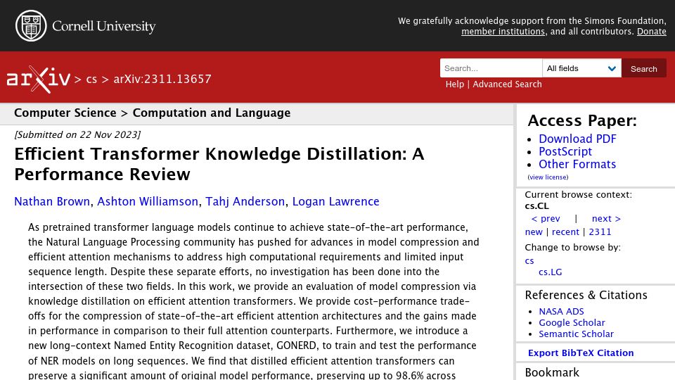 Screenshot of arxiv.org: Efficient Transformer Knowledge Distillation: A Performance Review