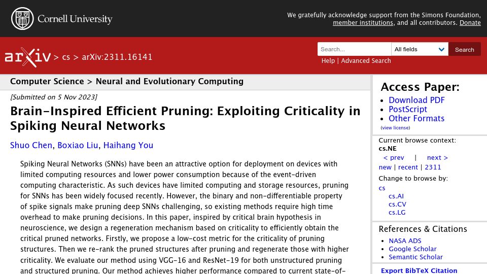 Screenshot of arxiv.org: Brain-Inspired Efficient Pruning: Criticality in Spiking Neural Networks