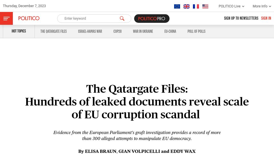Screenshot of politico.eu: The Qatargate Files