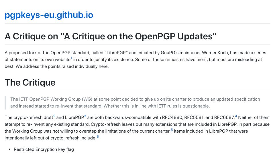 Screenshot of blog.pgpkeys.eu: OpenPGP Forked into "LibrePGP" by GnuPG's Maintainer