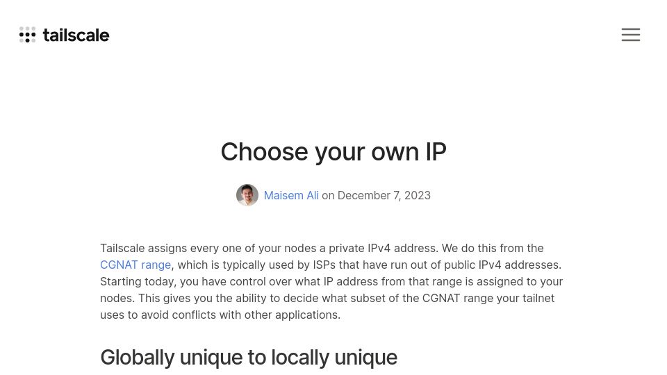 Screenshot of tailscale.com: Choose your own IP