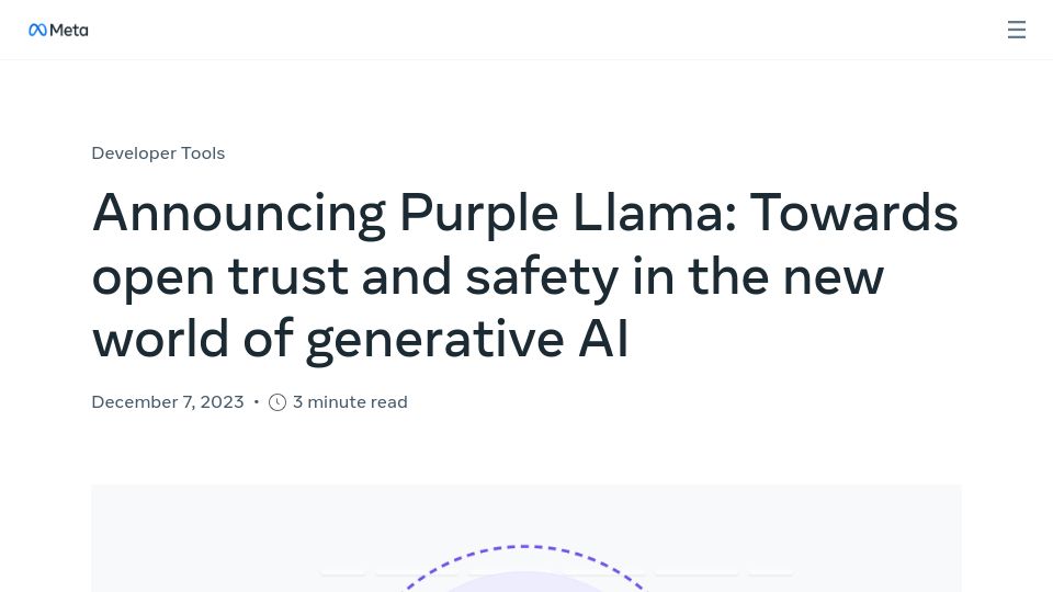 Screenshot of ai.meta.com: Purple Llama: Towards open trust and safety in generative AI