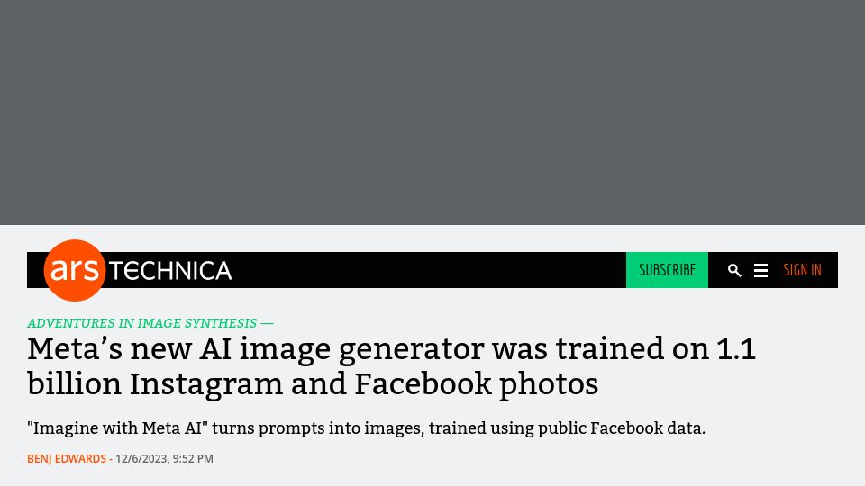 Screenshot of arstechnica.com: Meta's new AI image generator was trained on 1.1B Instagram and FB photos