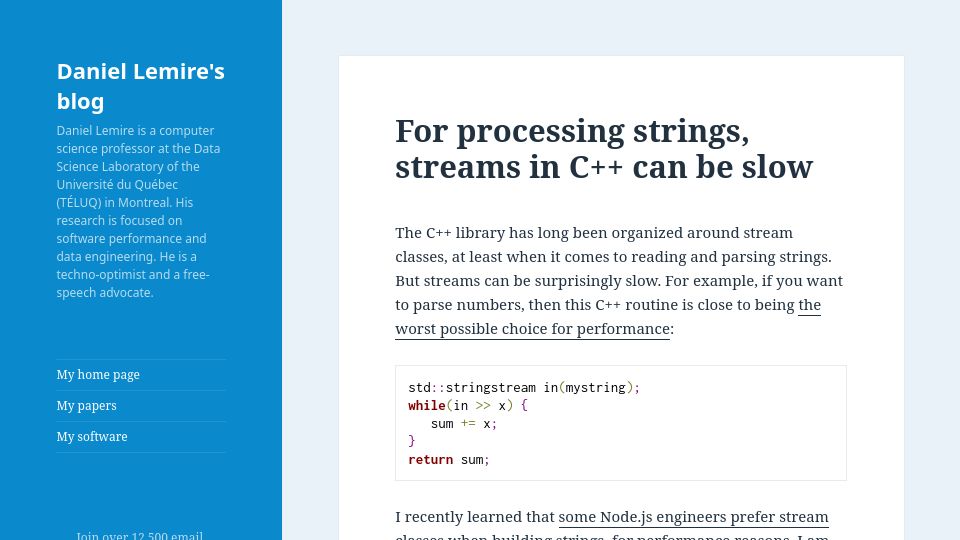 Screenshot of lemire.me: For processing strings, streams in C++ can be slow
