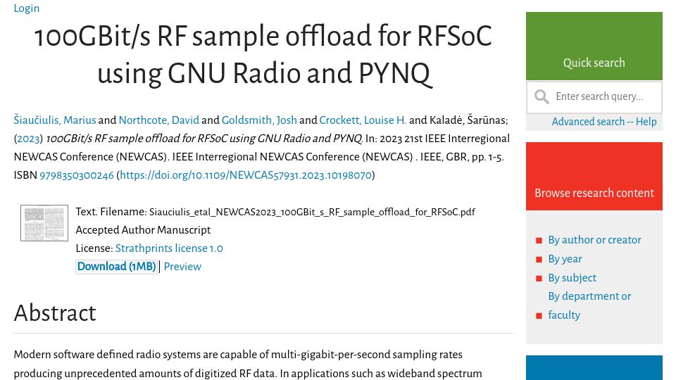 Screenshot of strathprints.strath.ac.uk: 100Gbps RF Sample Offload for RFSoC Using GNU Radio and PYNQ