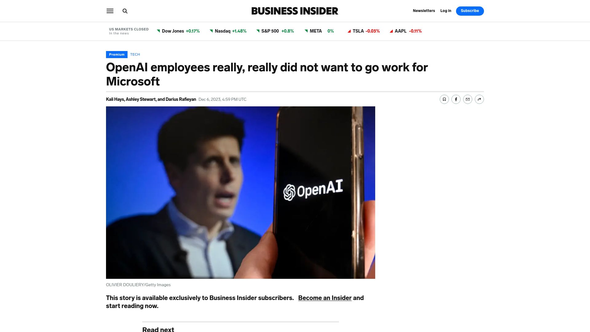 Screenshot of businessinsider.com: OpenAI employees did not want to go work for Microsoft