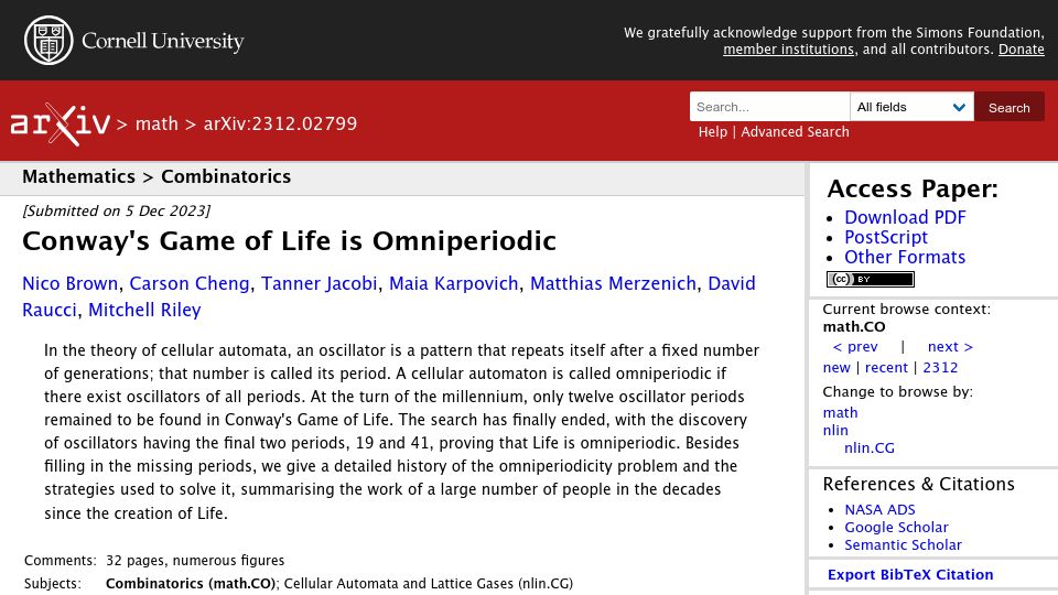 Screenshot of arxiv.org: Conway's Game of Life is omniperiodic
