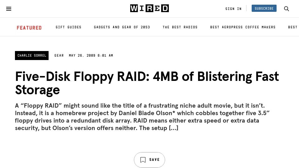 Screenshot of wired.com: Five-Disk Floppy RAID: 4MB of Blistering Fast Storage (2009)