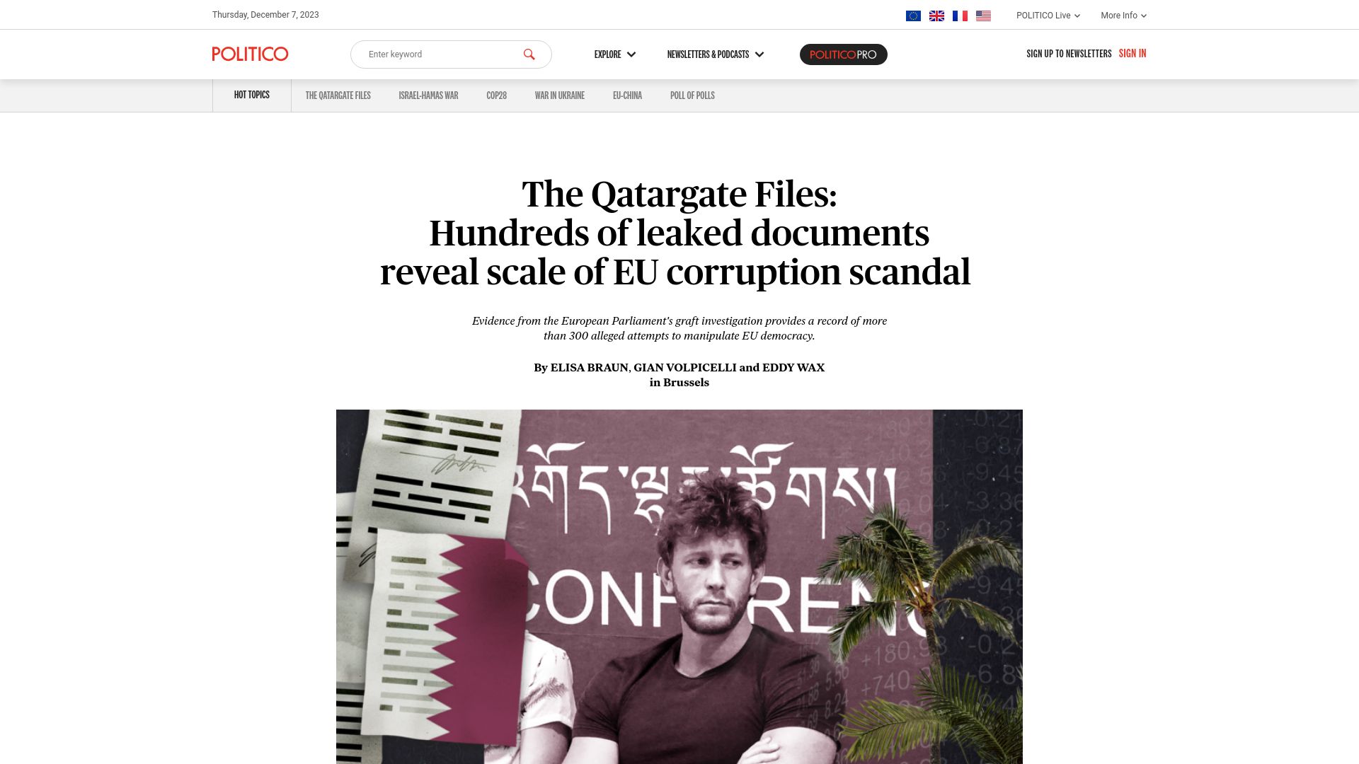 Screenshot of politico.eu: The Qatargate Files