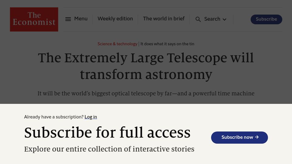Screenshot of economist.com: The extremely large telescope will transform astronomy