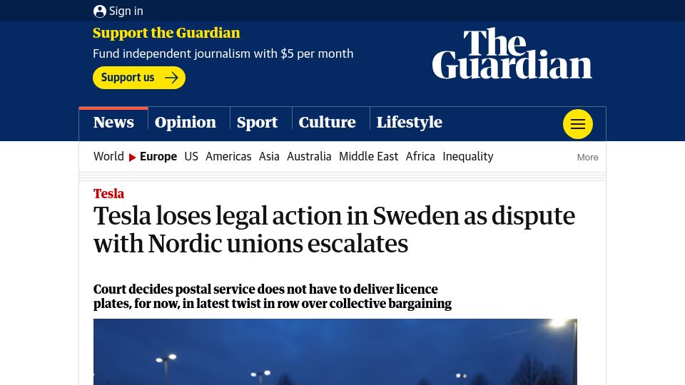 Screenshot of theguardian.com: Tesla loses legal action in Sweden as dispute with Nordic unions escalates