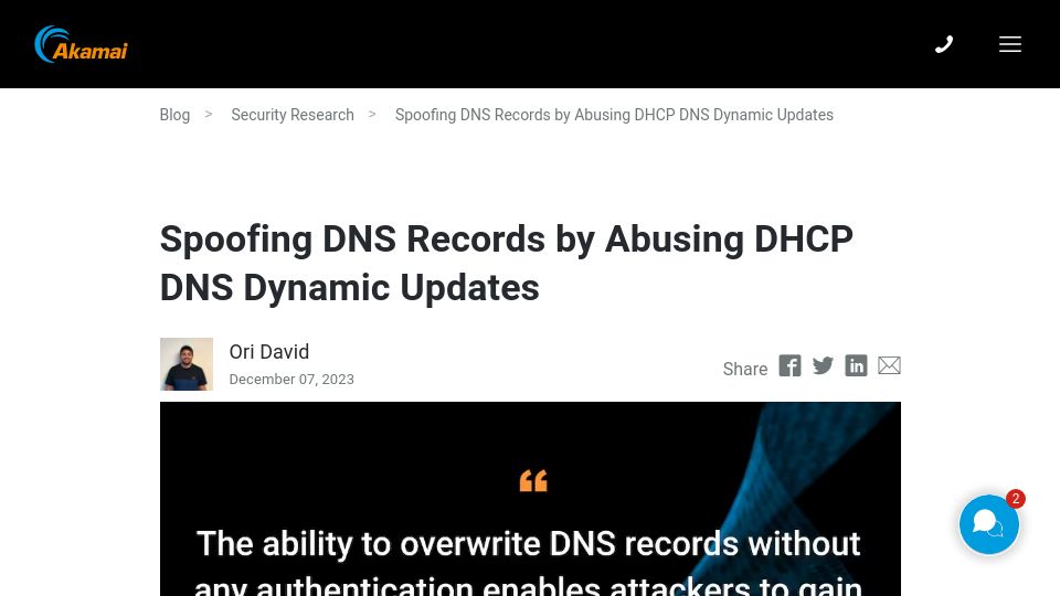 Screenshot of akamai.com: Spoofing DNS records by abusing DHCP DNS dynamic updates