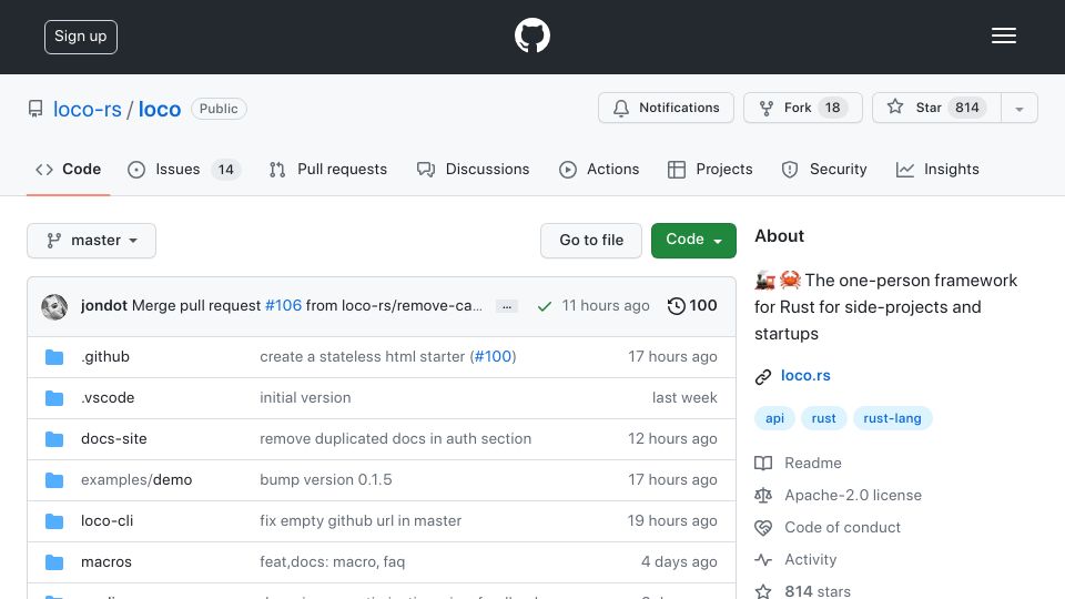 Screenshot of github.com: Loco: The one-person Rust framework for side-projects and startups