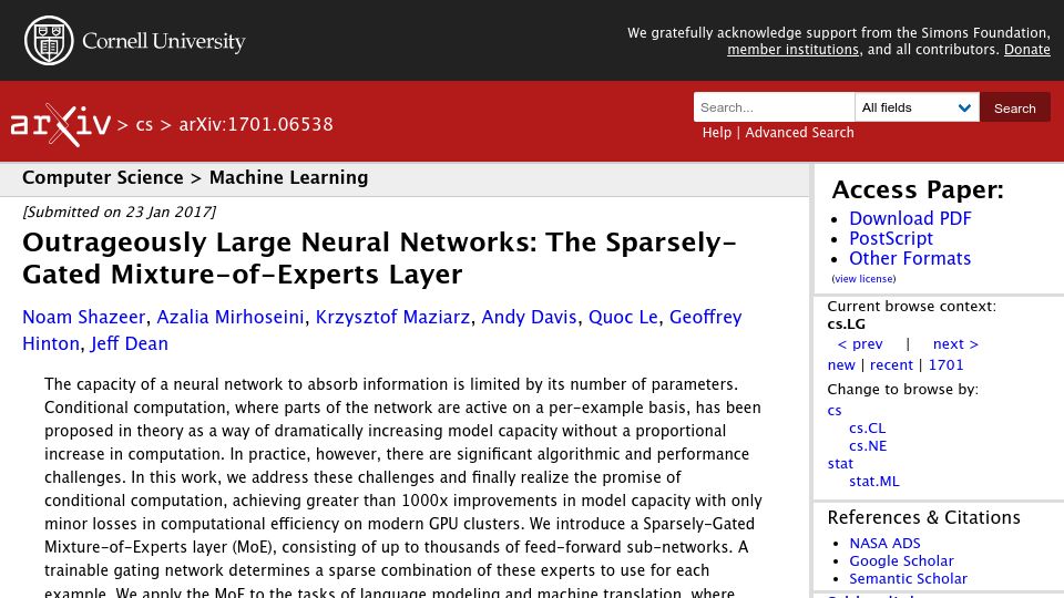 Screenshot of arxiv.org: Outrageously Large Neural Networks: The Sparsely-Gated Mixture-of-Experts (2017)