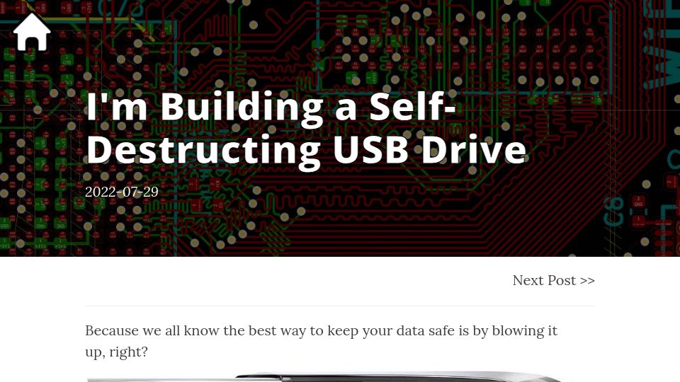 Screenshot of interruptlabs.ca: I'm building a self-destructing USB drive (2022)