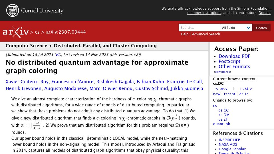 Screenshot of arxiv.org: No distributed quantum advantage for approximate graph coloring