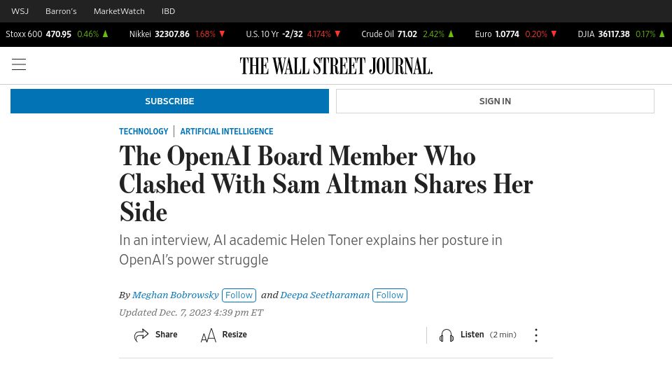 Screenshot of wsj.com: Helen Toner shares her side
