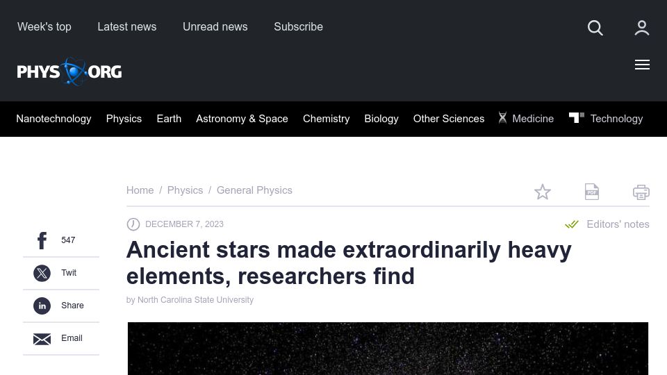 Screenshot of phys.org: Ancient stars made extraordinarily heavy elements, researchers find