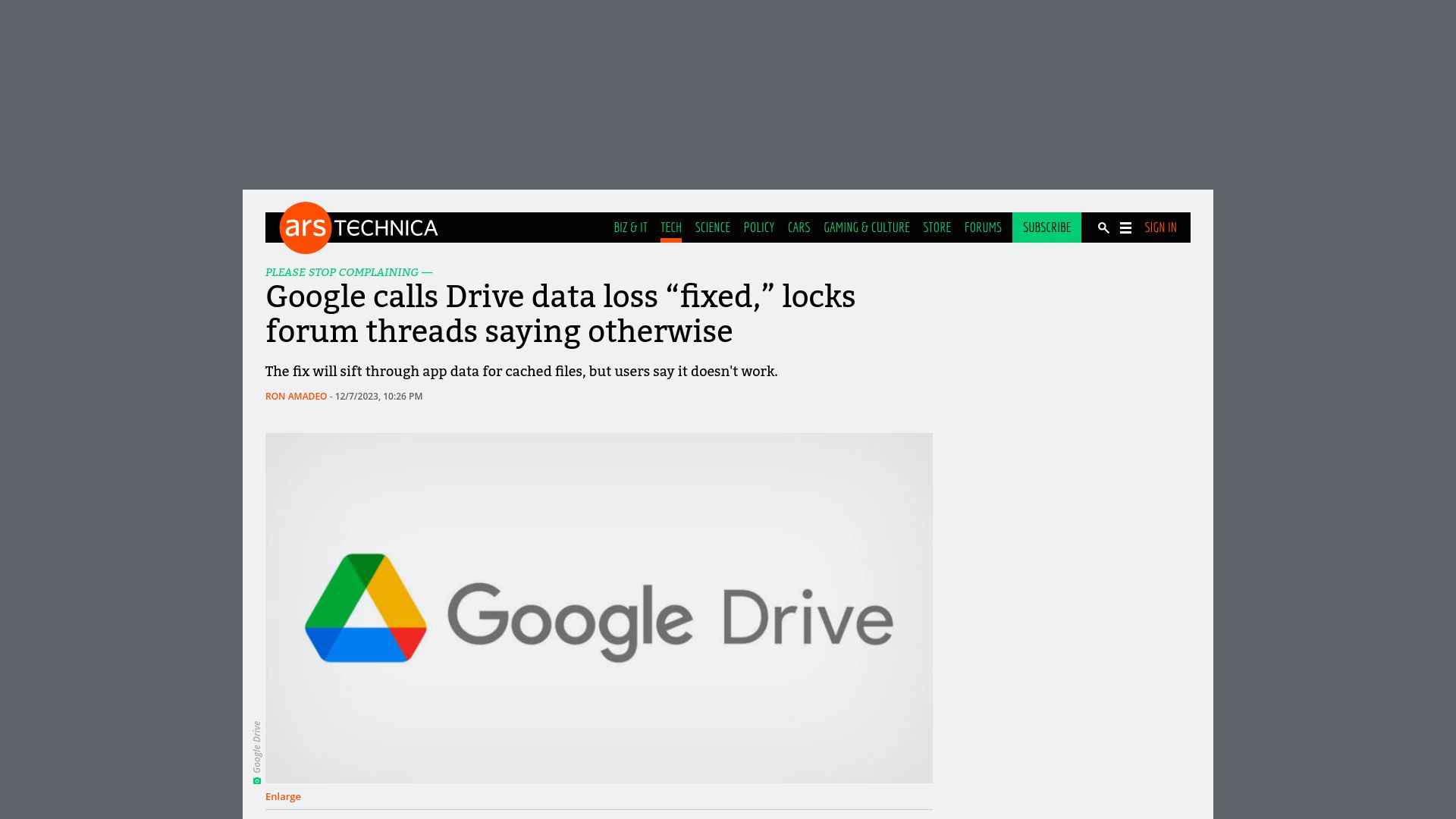 Screenshot of arstechnica.com: Google calls Drive data loss "fixed," locks forum threads saying otherwise