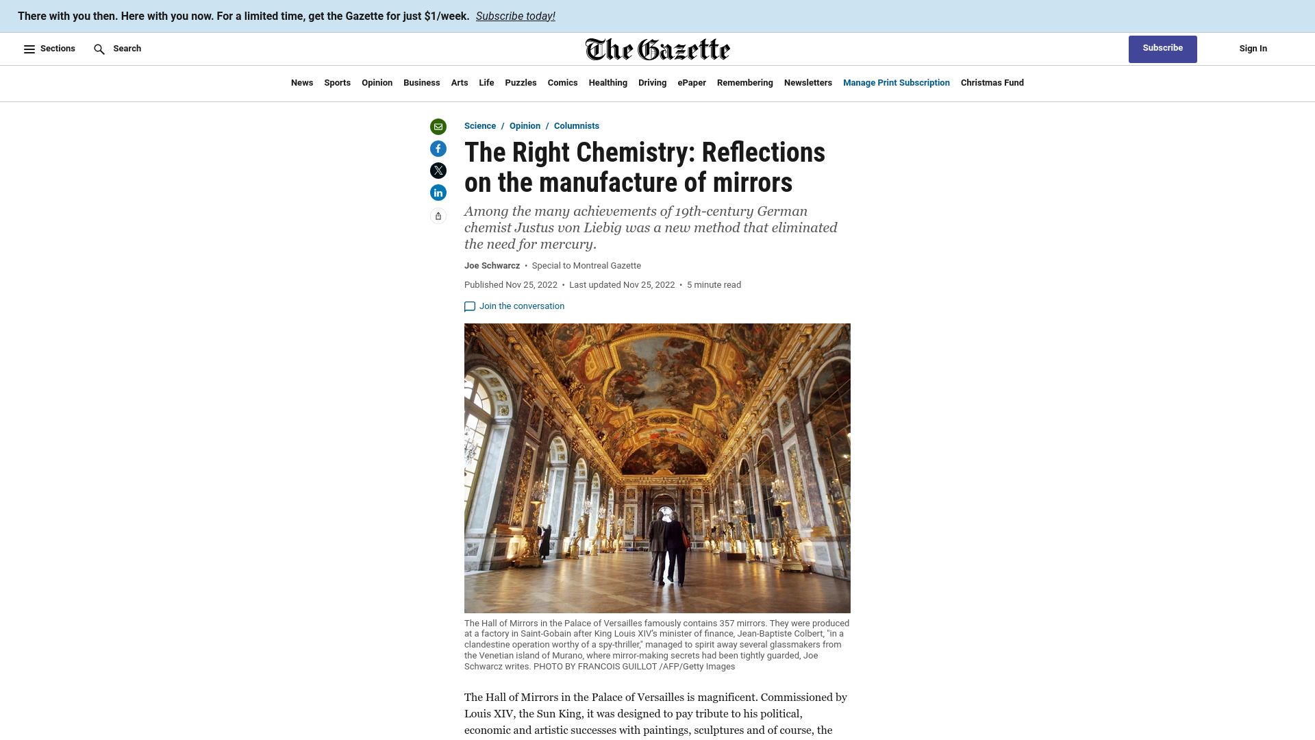 Screenshot of montrealgazette.com: The Right Chemistry: Reflections on the manufacture of mirrors (2022)