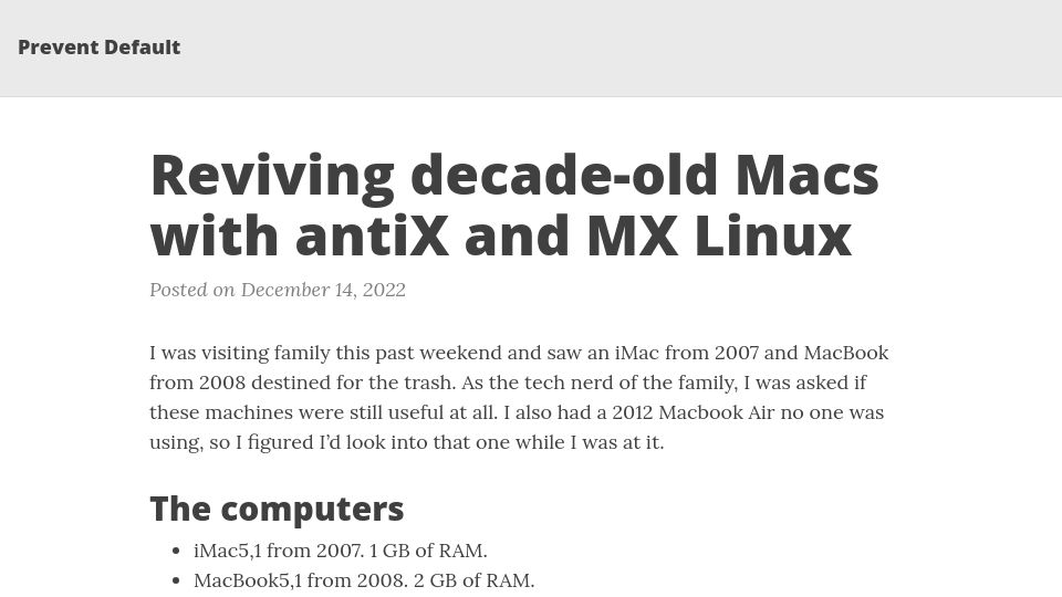 Screenshot of sts10.github.io: Reviving decade-old Macs with antiX and MX Linux (2022)