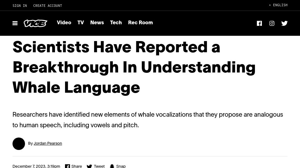 Screenshot of vice.com: Researchers have identified new elements of whale vocalizations