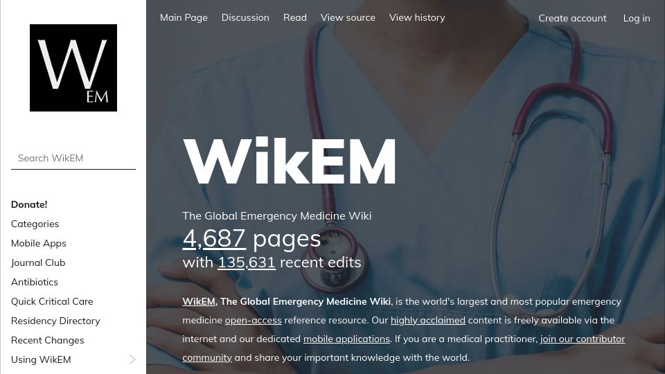 Screenshot of wikem.org: WikEM, the Global Emergency Medicine Wiki