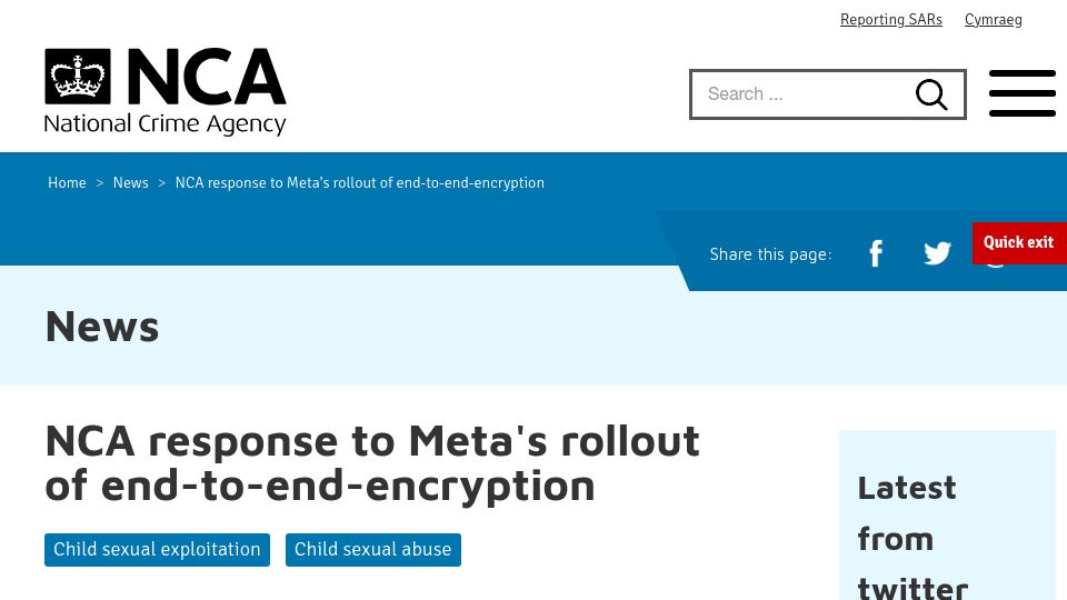 Screenshot of nationalcrimeagency.gov.uk: National Crime Agency response to Meta's rollout of end-to-end-encryption