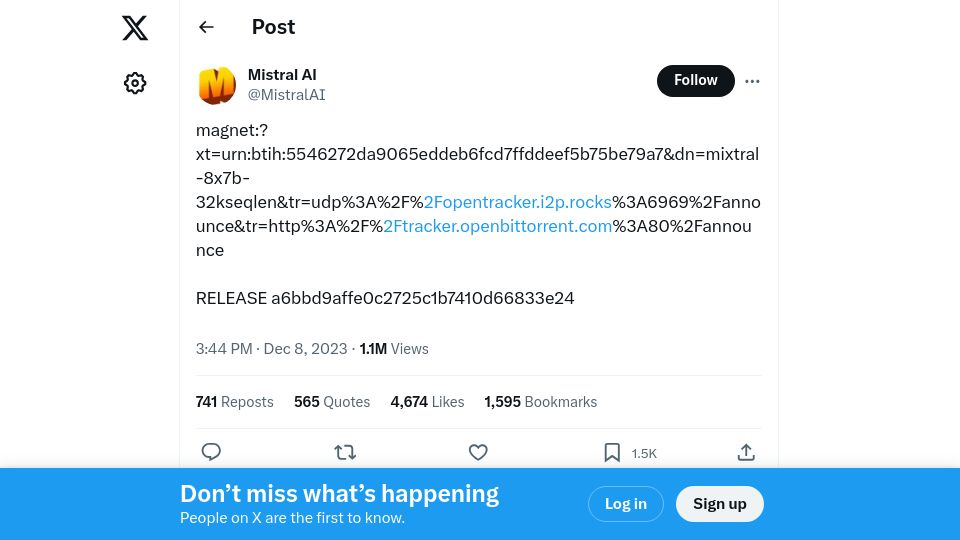 Screenshot of twitter.com: Mistral "Mixtral" 8x7B 32k model [magnet]