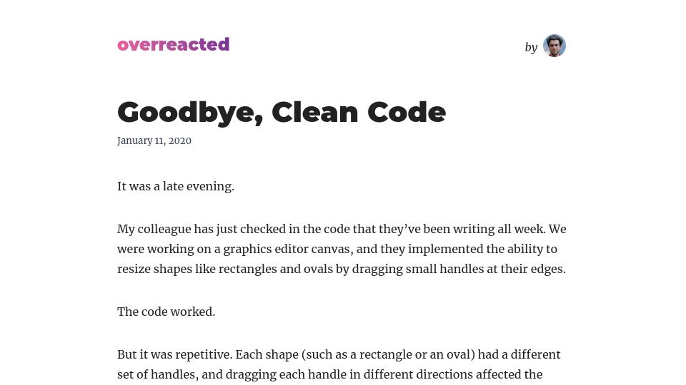 Screenshot of overreacted.io: Goodbye, clean code (2020)