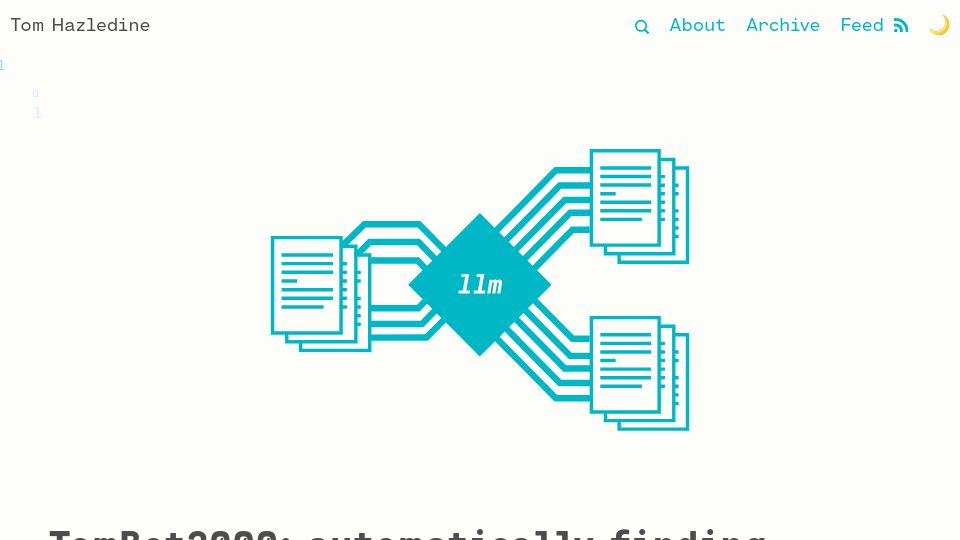 Screenshot of tomhazledine.com: Show HN: My related-posts finder script (with LLM and GPT4 enhancement)